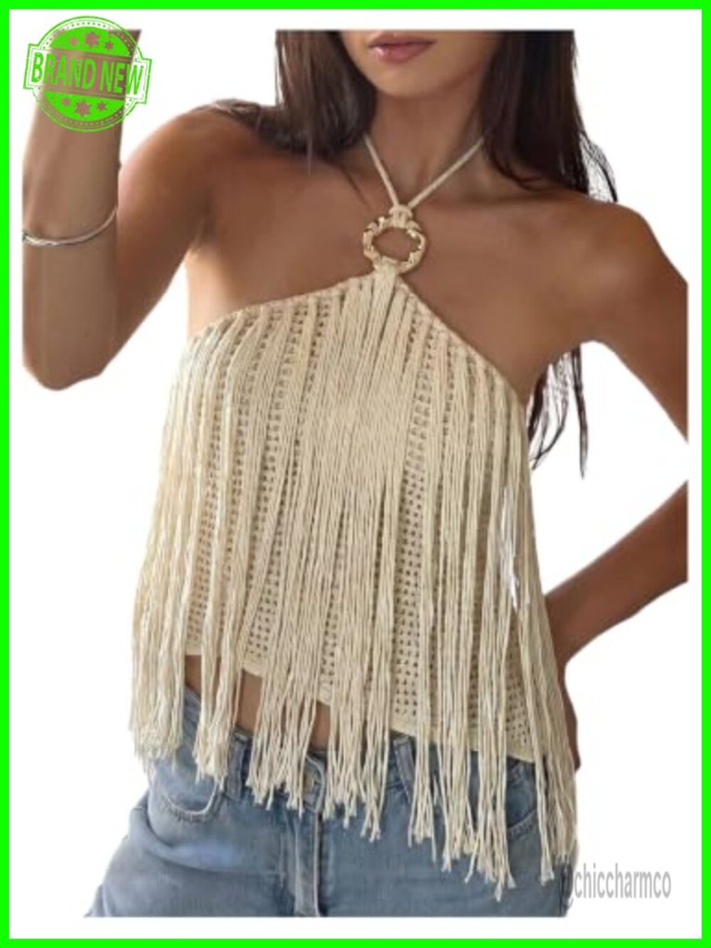 Fringe Halter Crop Top Knit Sleeveless Concert Boho Festival Outfit